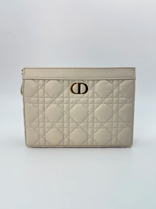 (AJ58) Christian Dior Ivory Calf Leather Caro Pouch Crossbody, Gold Hardware