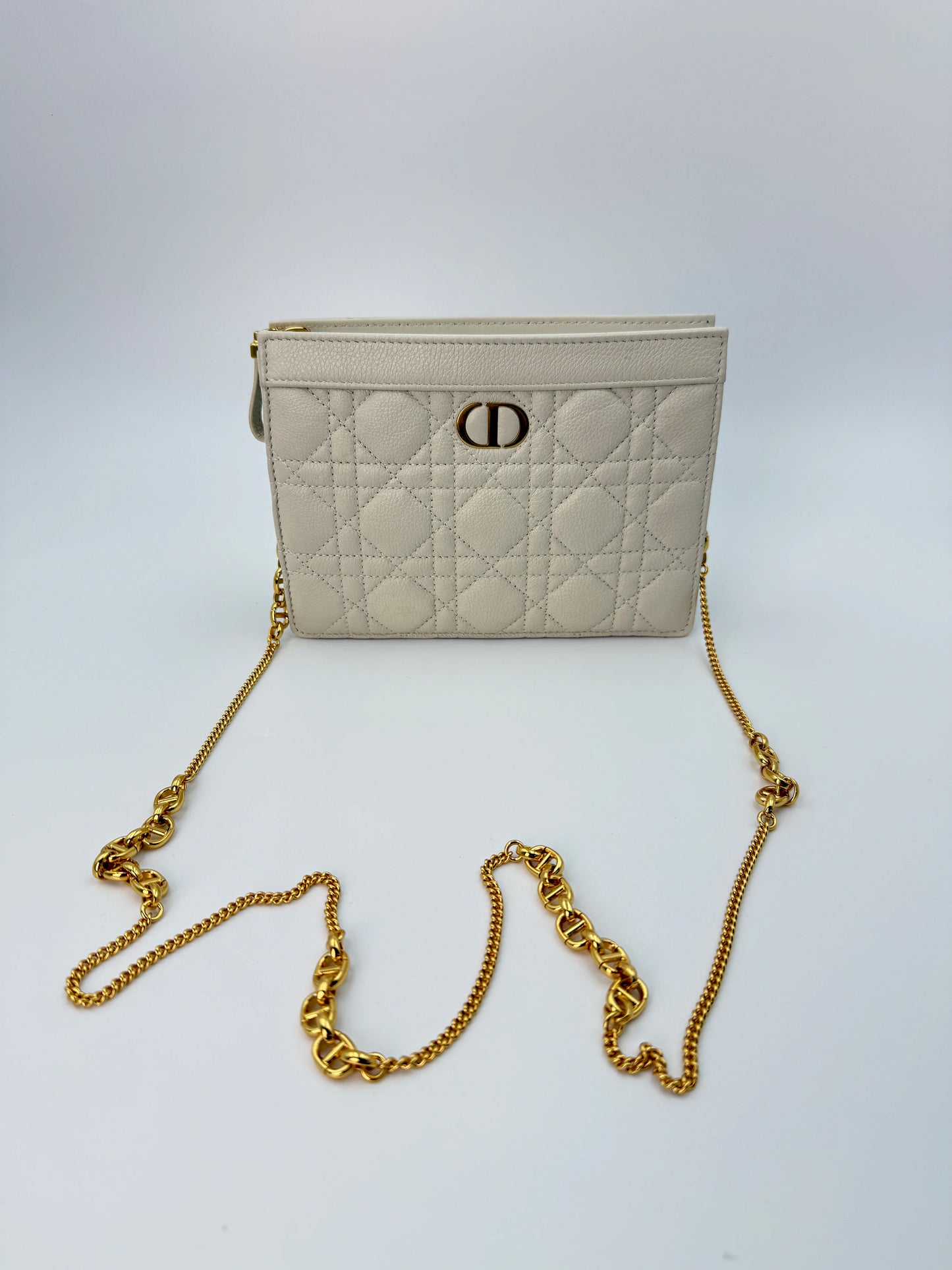 (AJ58) Christian Dior Ivory Calf Leather Caro Pouch Crossbody, Gold Hardware