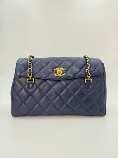 (AJ60) Chanel Navy Blue Calf Leather Misa Camera Flap Bag, Gold Hardware