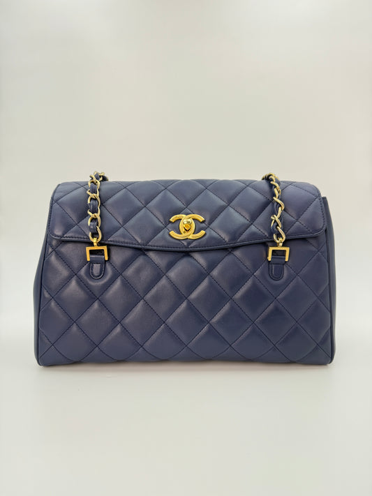 (AJ60) Chanel Navy Blue Calf Leather Misa Camera Flap Bag, Gold Hardware