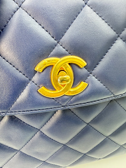 (AJ60) Chanel Navy Blue Calf Leather Misa Camera Flap Bag, Gold Hardware