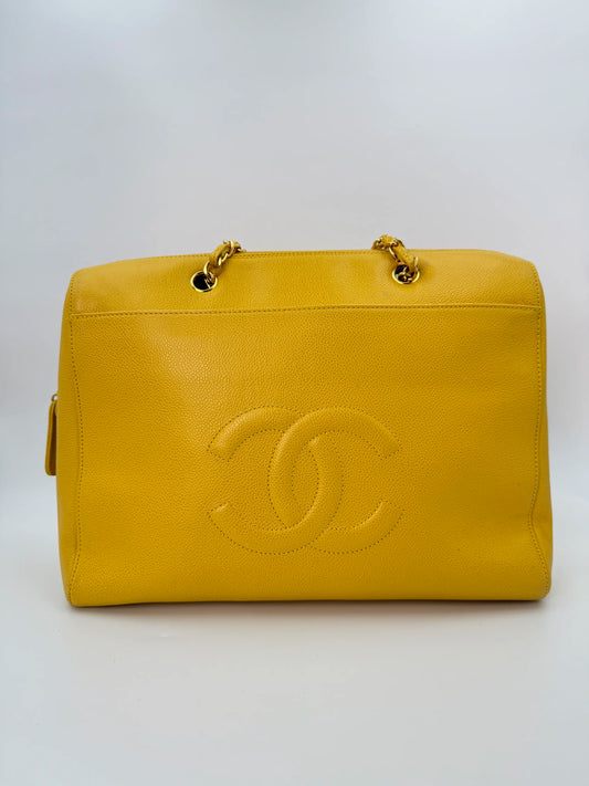 (AJ59) Chanel Mustard Yellow Caviar Zip Tote Bag, 24K Gold-Plated Hardware
