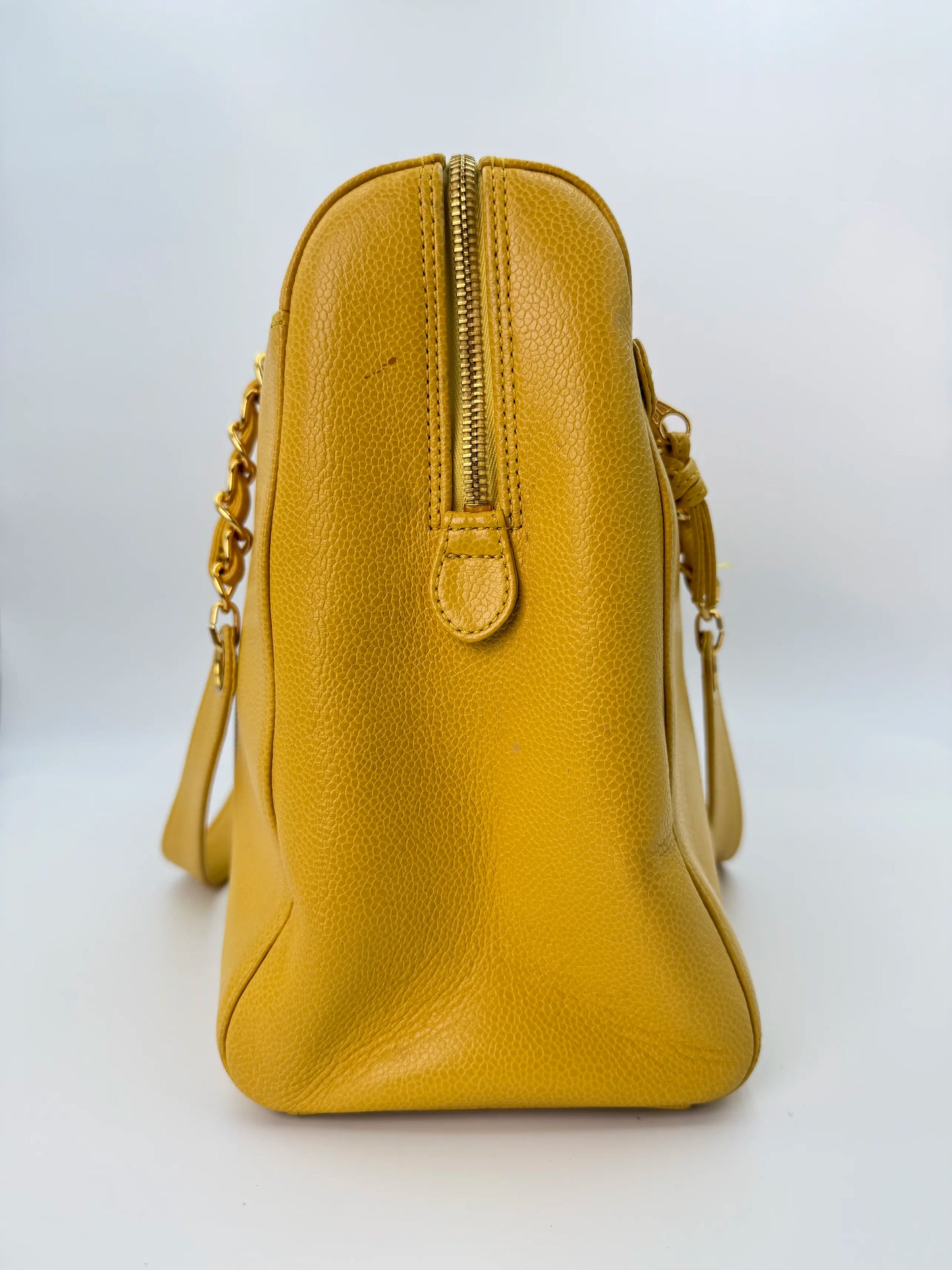 (AJ59) Chanel Mustard Yellow Caviar Zip Tote Bag, 24K Gold-Plated Hardware