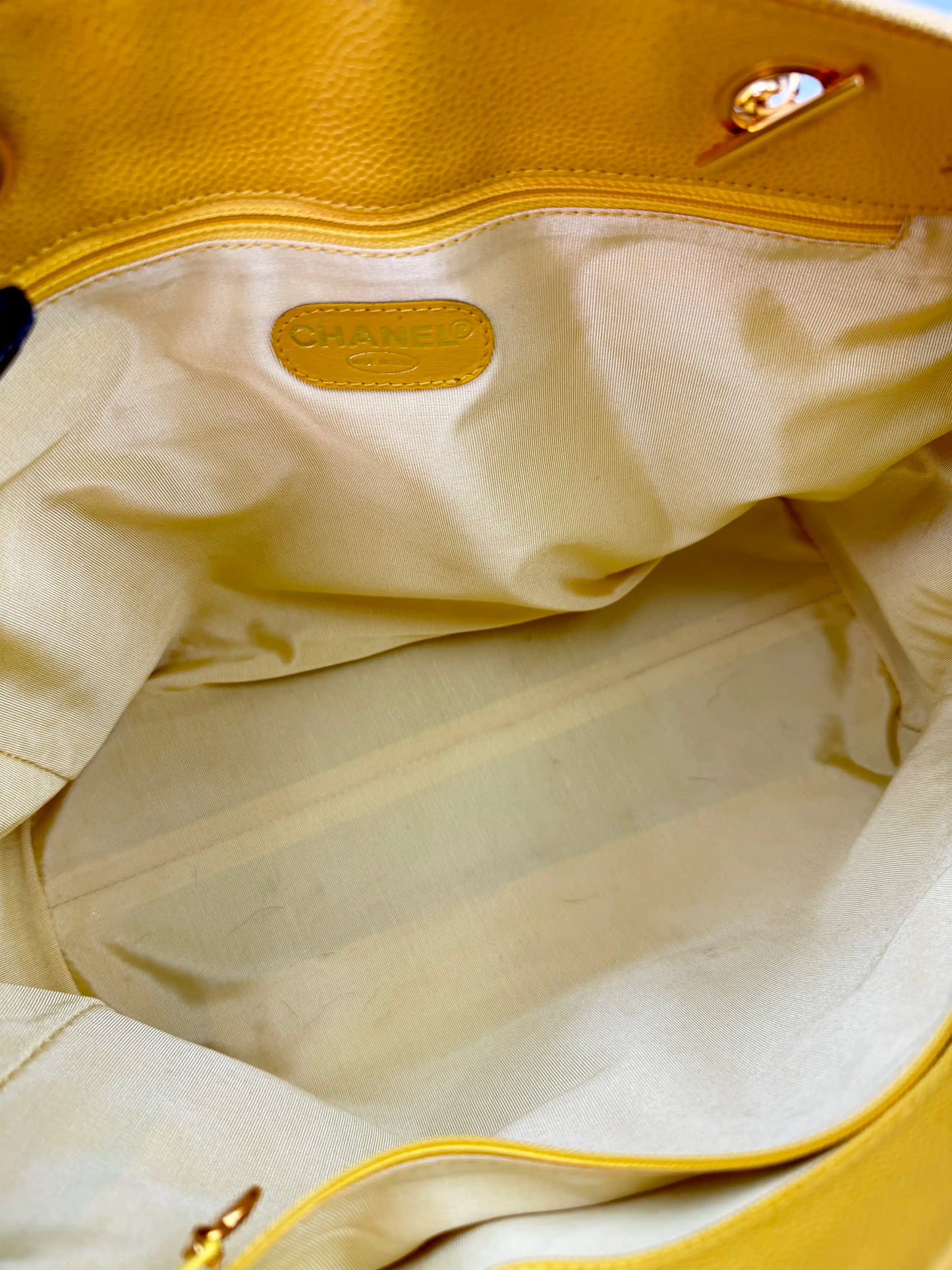 (AJ59) Chanel Mustard Yellow Caviar Zip Tote Bag, 24K Gold-Plated Hardware