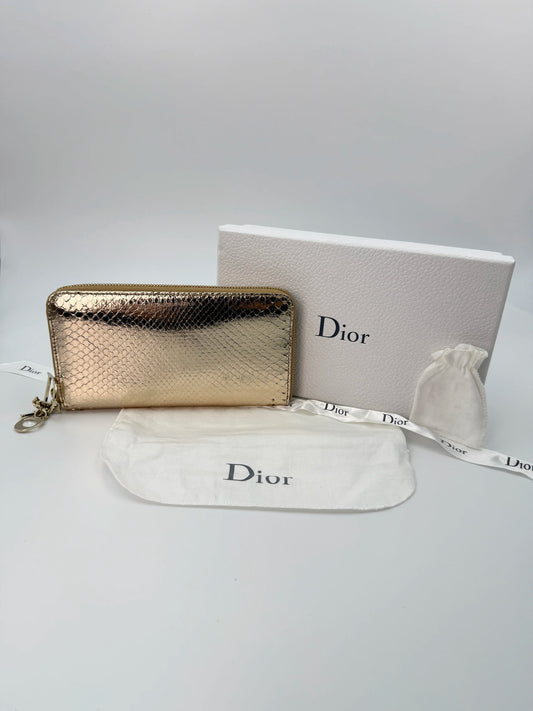 (AJ56) Christian Dior Gold Snakeskin Wallet, Champagne Gold Hardware