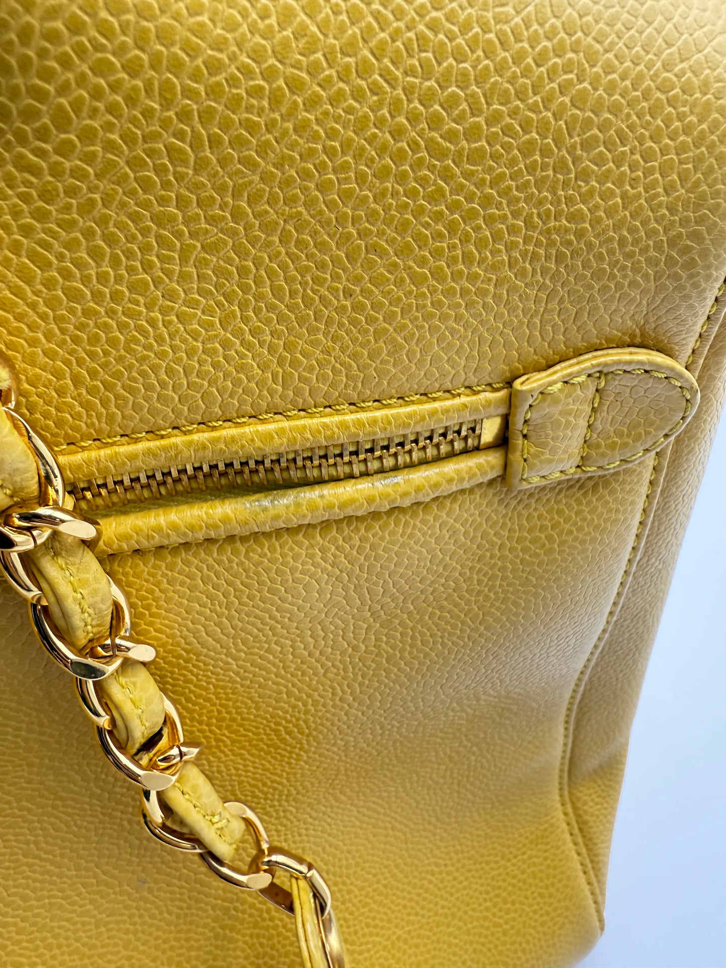 (AJ59) Chanel Mustard Yellow Caviar Zip Tote Bag, 24K Gold-Plated Hardware