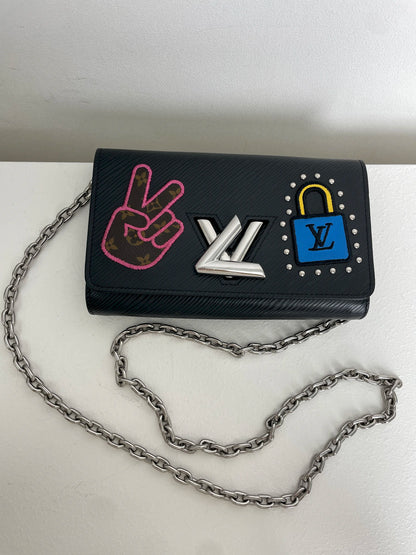 (A21) Louis Vuitton Black Epi Twist Wallet on Chain Silver Hardware With Code