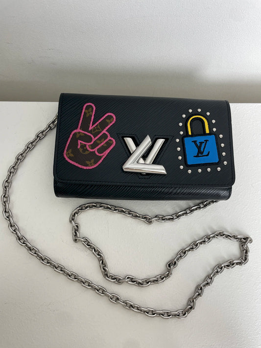 (A21) Louis Vuitton Black Epi Twist Wallet on Chain Silver Hardware With Code