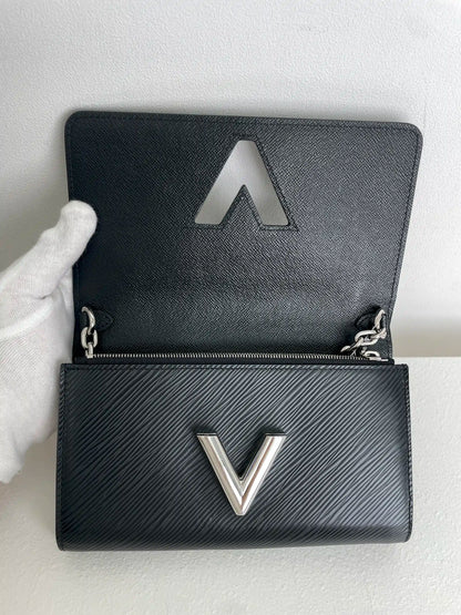 (A21) Louis Vuitton Black Epi Twist Wallet on Chain Silver Hardware With Code