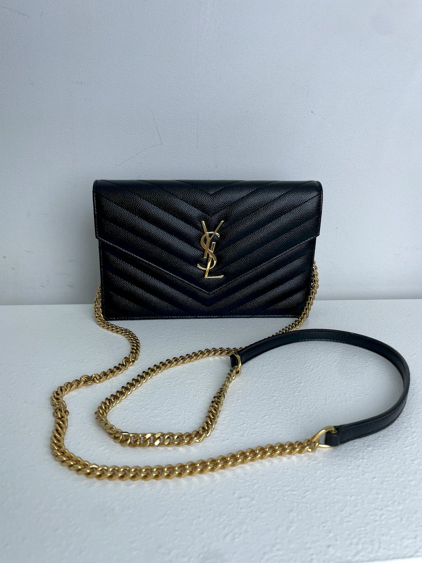 (A23) YSL Black Cassandre Envelope Wallet on Chain Caviar Gold Hardware Removable Chain Strap
