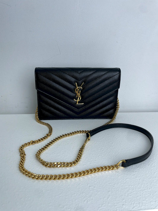 (A23) YSL Black Cassandre Envelope Wallet on Chain Caviar Gold Hardware Removable Chain Strap