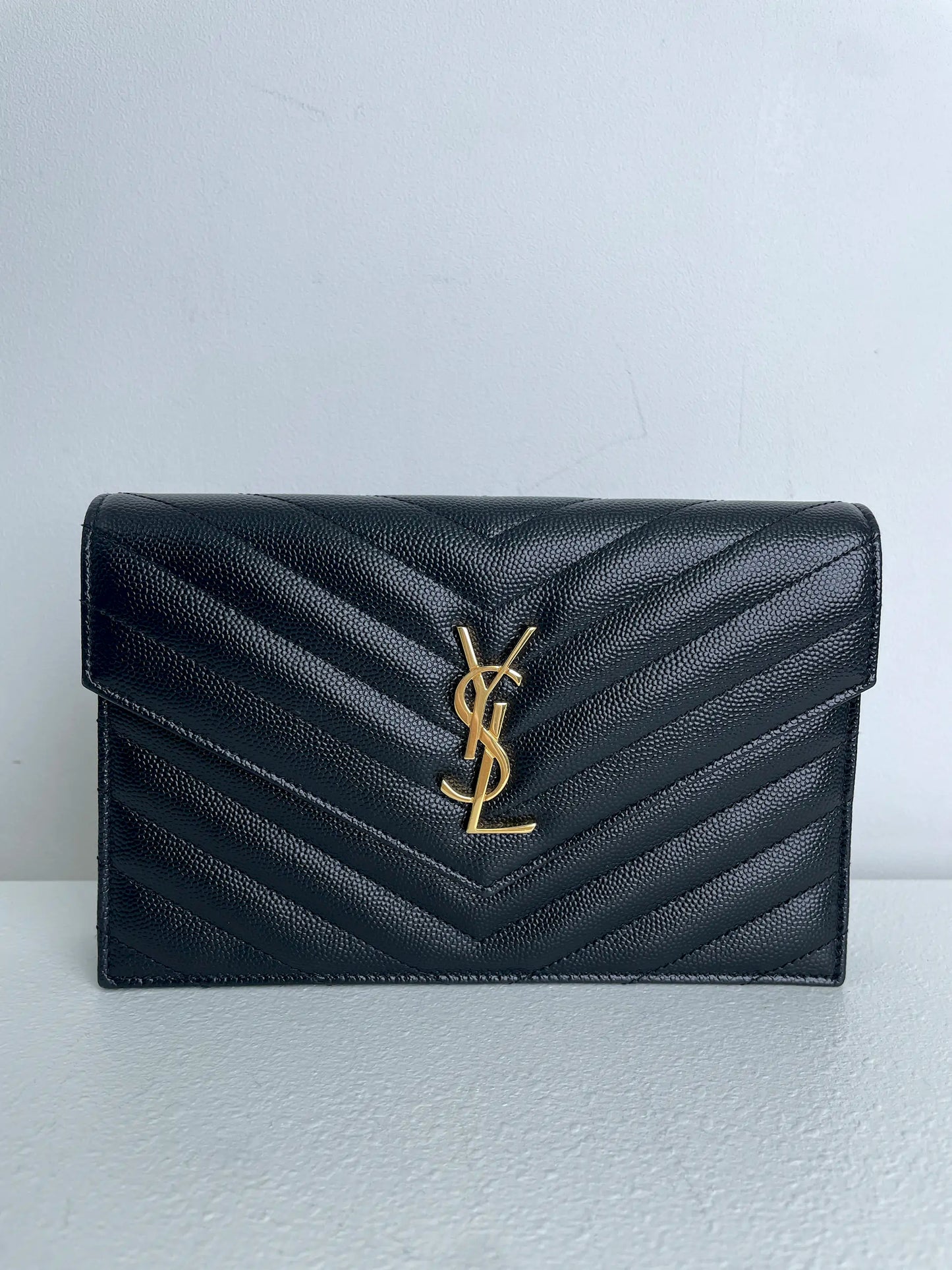 (A23) YSL Black Cassandre Envelope Wallet on Chain Caviar Gold Hardware Removable Chain Strap