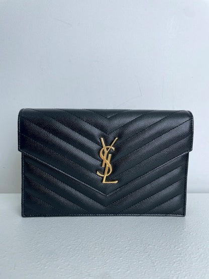 (A23) YSL Black Cassandre Envelope Wallet on Chain Caviar Gold Hardware Removable Chain Strap