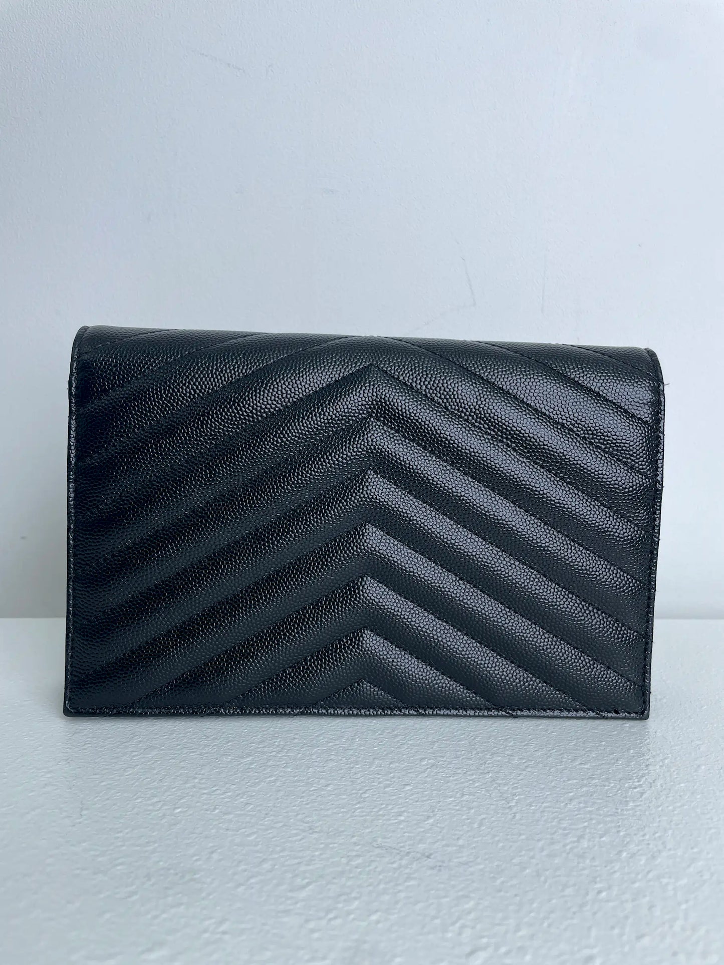 (A23) YSL Black Cassandre Envelope Wallet on Chain Caviar Gold Hardware Removable Chain Strap