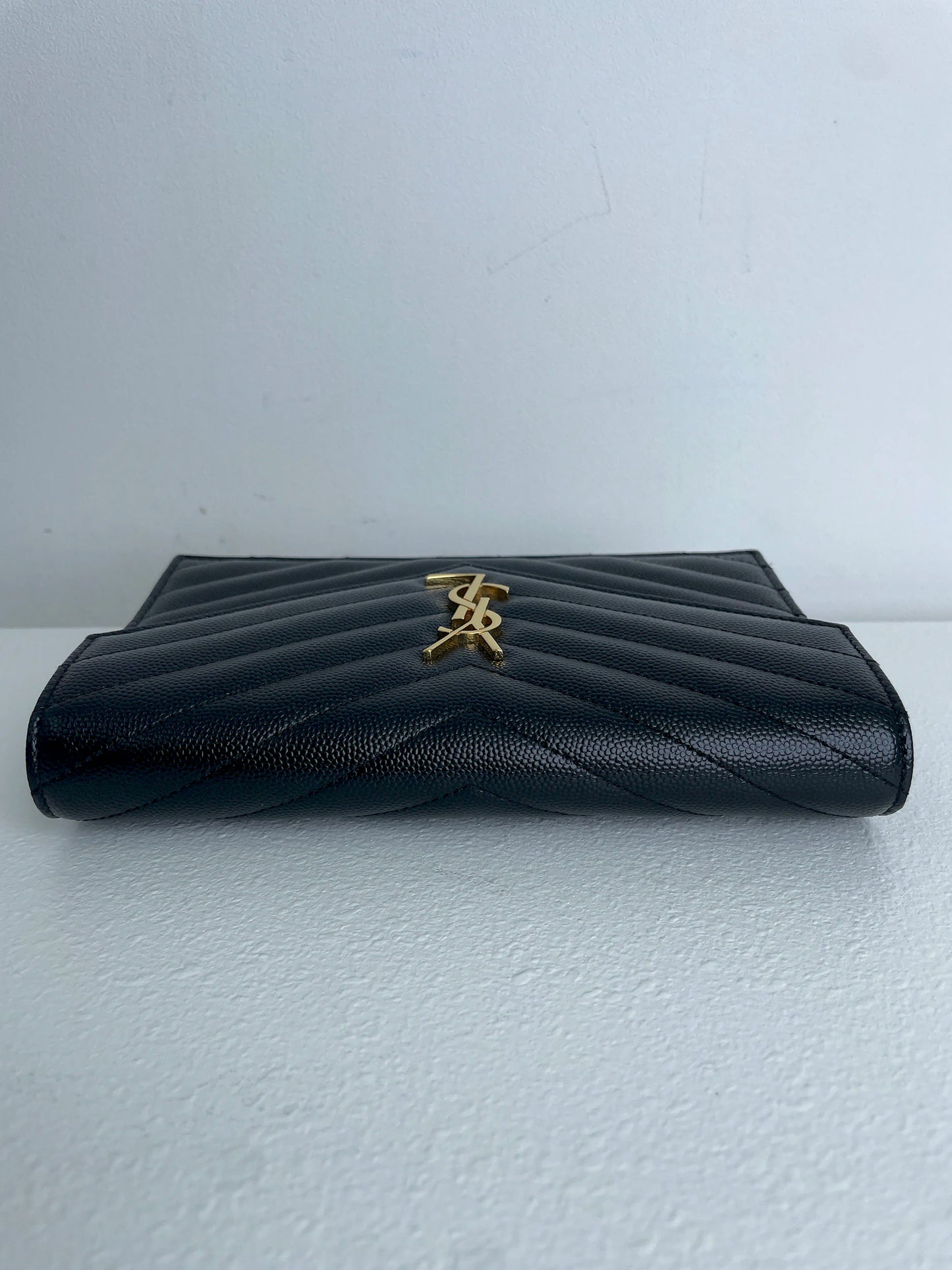 (A23) YSL Black Cassandre Envelope Wallet on Chain Caviar Gold Hardware Removable Chain Strap
