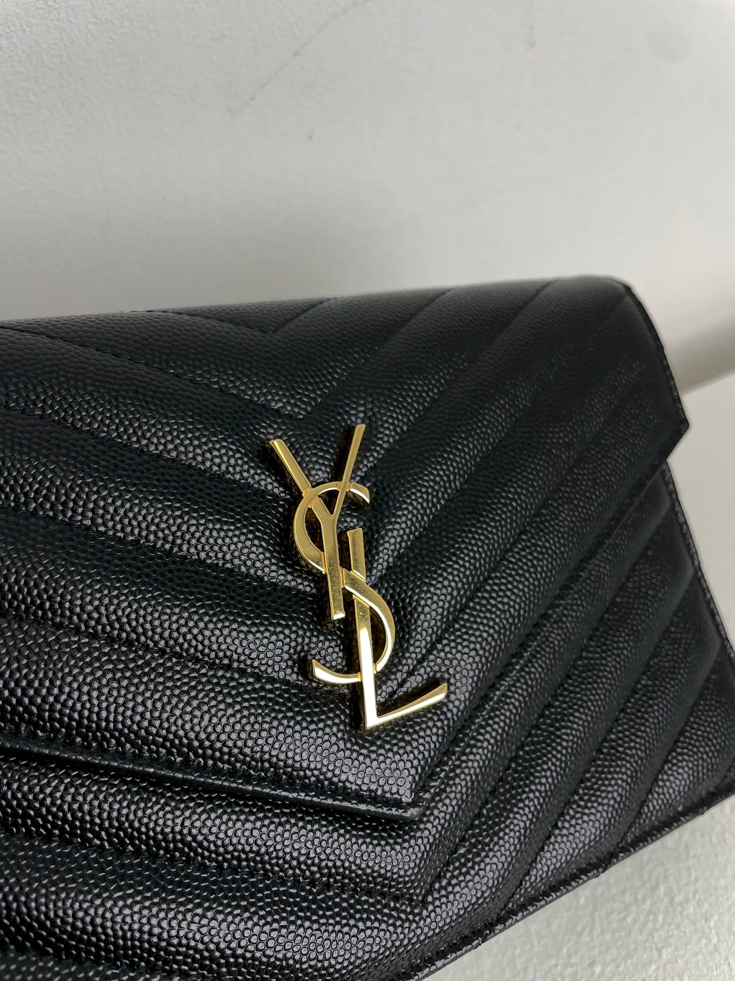 (A23) YSL Black Cassandre Envelope Wallet on Chain Caviar Gold Hardware Removable Chain Strap