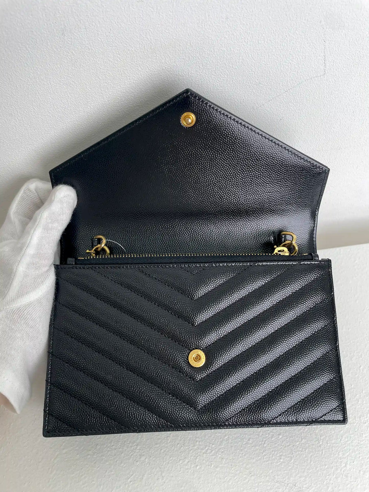 (A23) YSL Black Cassandre Envelope Wallet on Chain Caviar Gold Hardware Removable Chain Strap