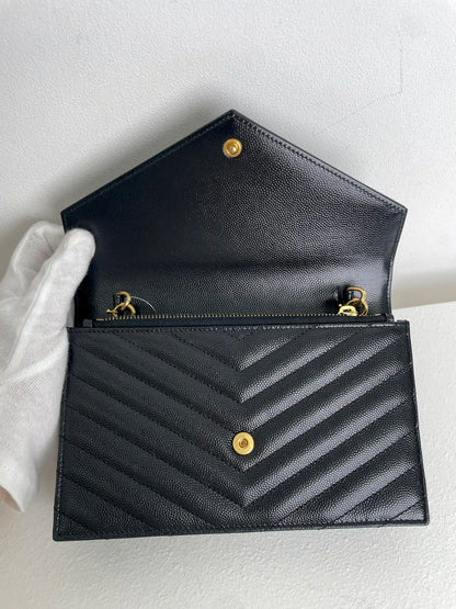 (A23) YSL Black Cassandre Envelope Wallet on Chain Caviar Gold Hardware Removable Chain Strap