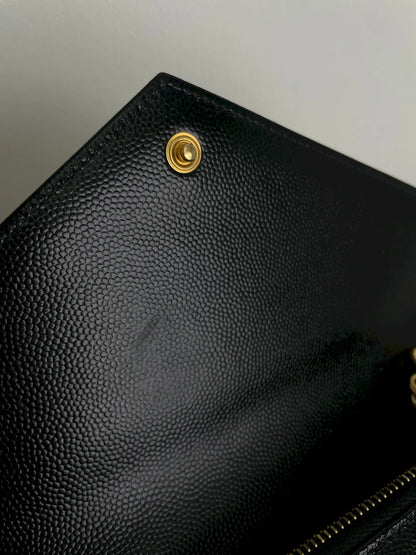 (A23) YSL Black Cassandre Envelope Wallet on Chain Caviar Gold Hardware Removable Chain Strap