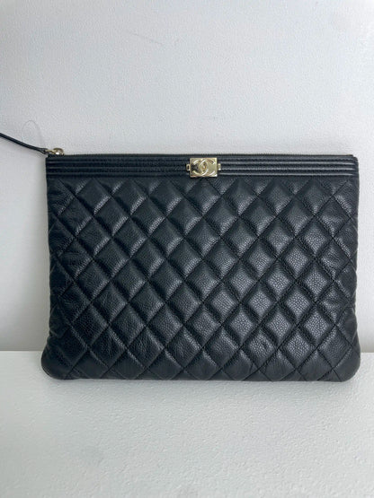 (A24) Chanel Black Caviar LeBoy O Pouch Champagne Gold Hardware