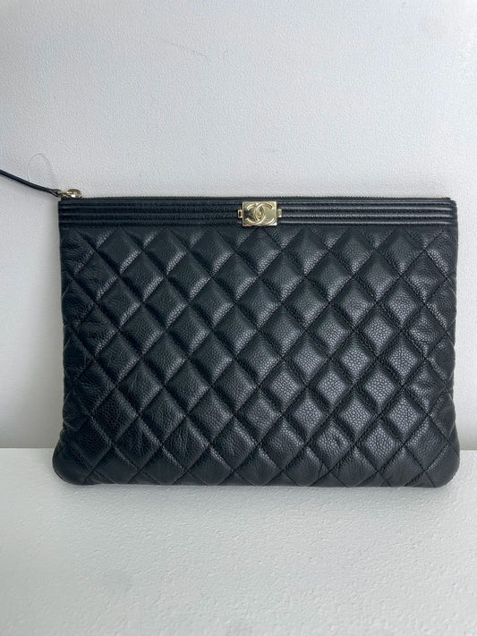 (A24) Chanel Black Caviar LeBoy O Pouch Champagne Gold Hardware