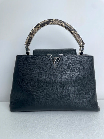 (A28) Louis Vuitton MM Black with Python Capucines Silver Hardware Python and Leather Strap