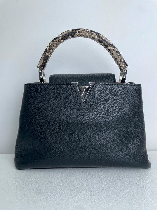 (A28) Louis Vuitton MM Black with Python Capucines Silver Hardware Python and Leather Strap