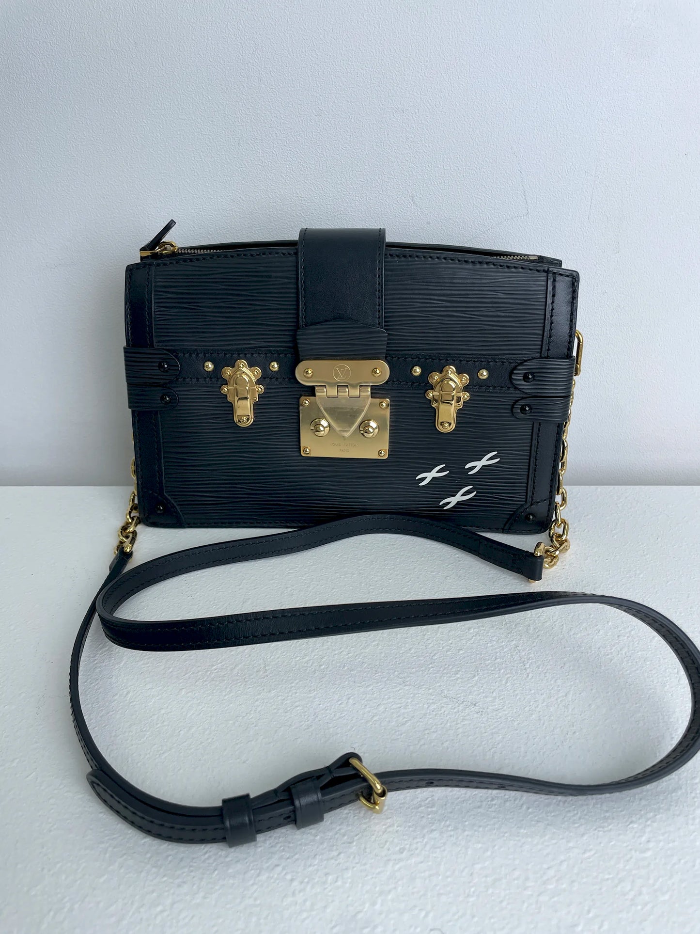 (A29) Louis Vuitton Black Epi Petite Malle Gold Hardware Removable and Adjustable Strap
