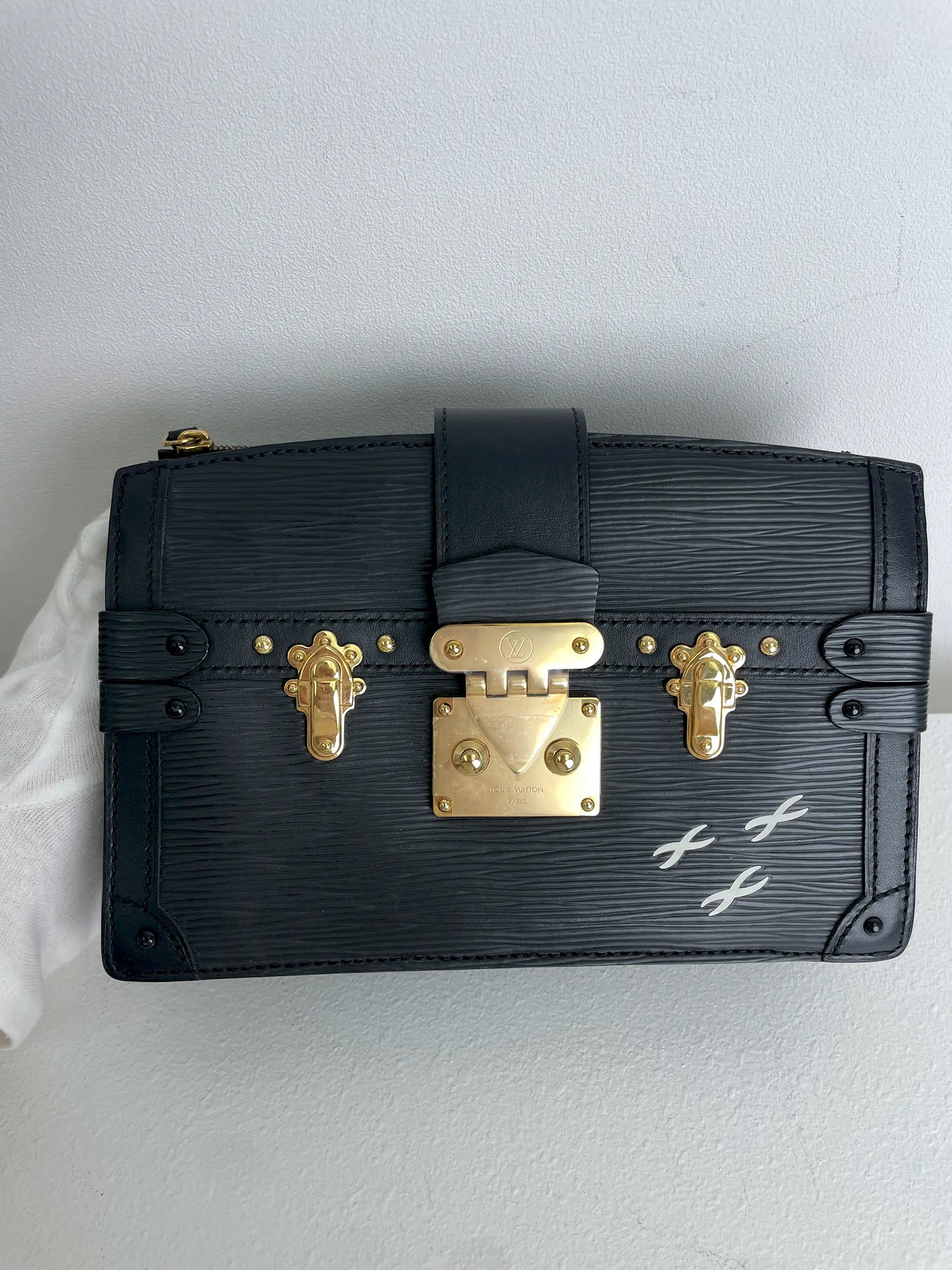 (A29) Louis Vuitton Black Epi Petite Malle Gold Hardware Removable and Adjustable Strap