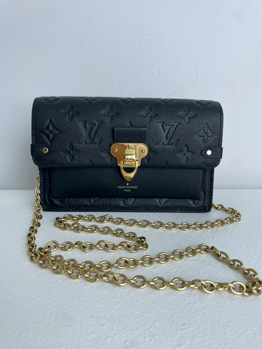 (A30) Louis Vuitton Black Monogram Empreinte Vavin Wallet on Chain Calfskin Gold Hardware Removable Strap