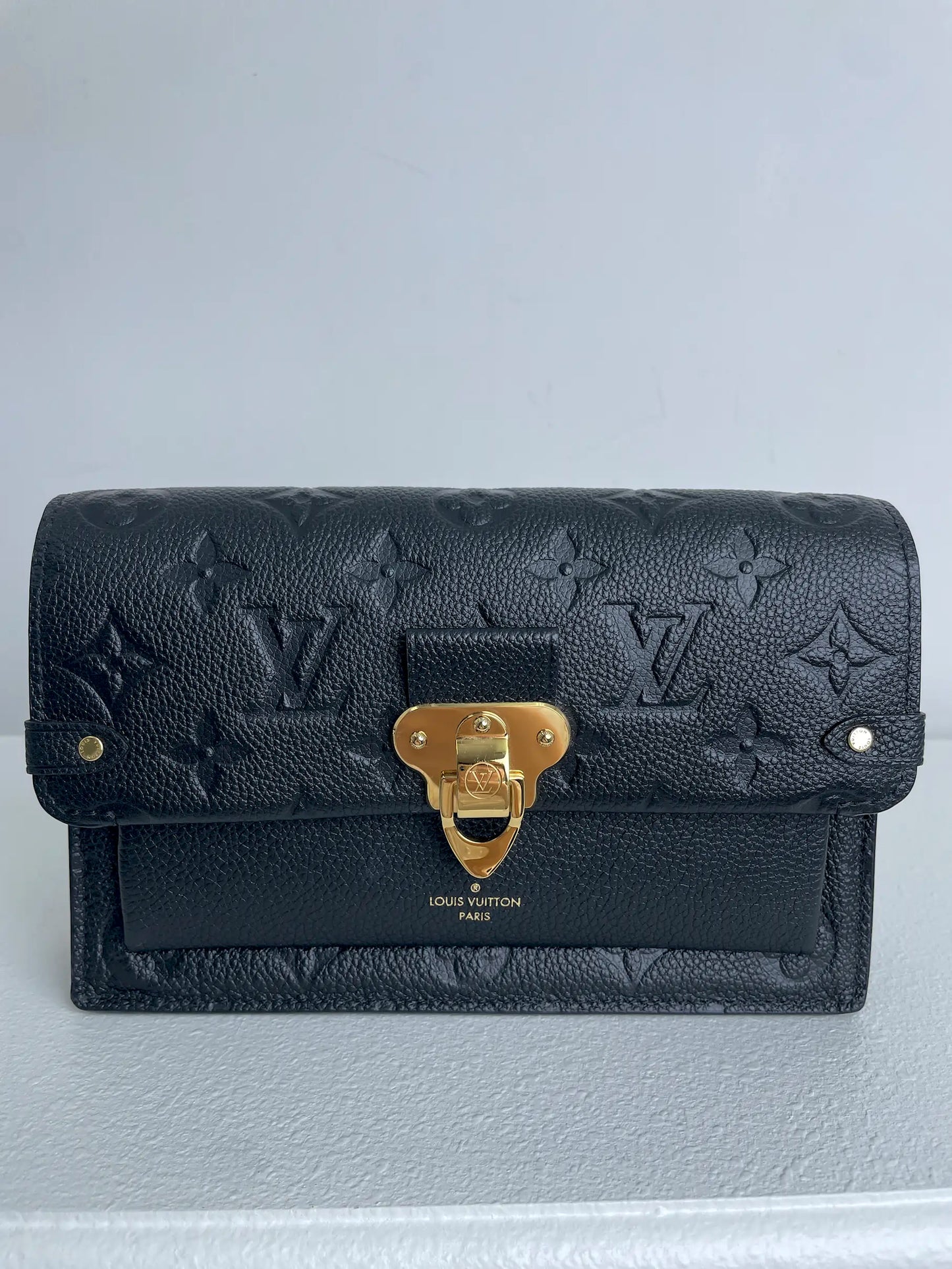 (A30) Louis Vuitton Black Monogram Empreinte Vavin Wallet on Chain Calfskin Gold Hardware Removable Strap