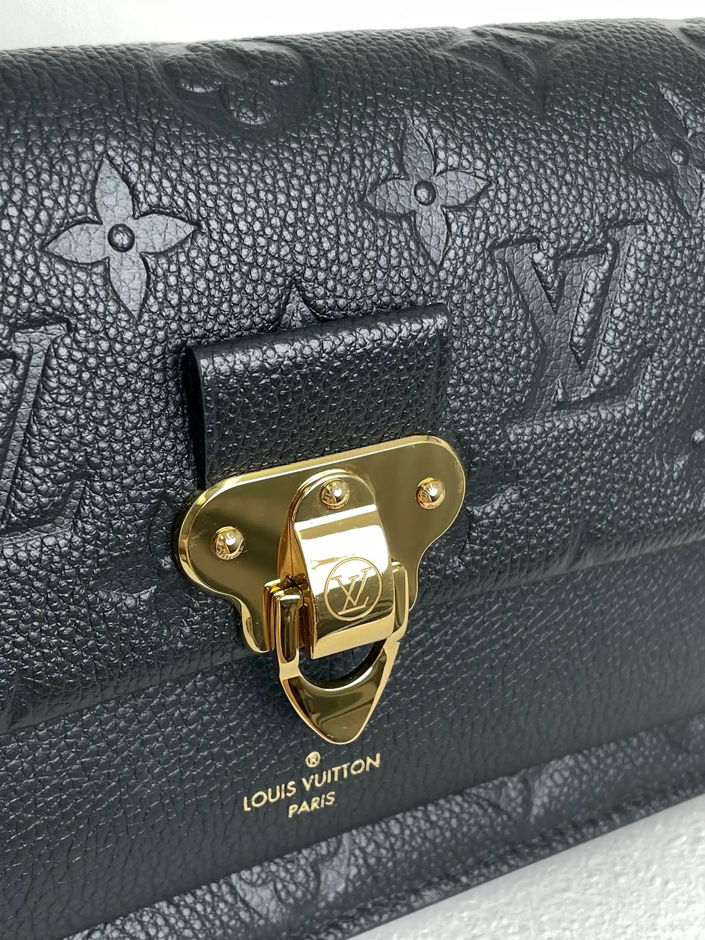(A30) Louis Vuitton Black Monogram Empreinte Vavin Wallet on Chain Calfskin Gold Hardware Removable Strap