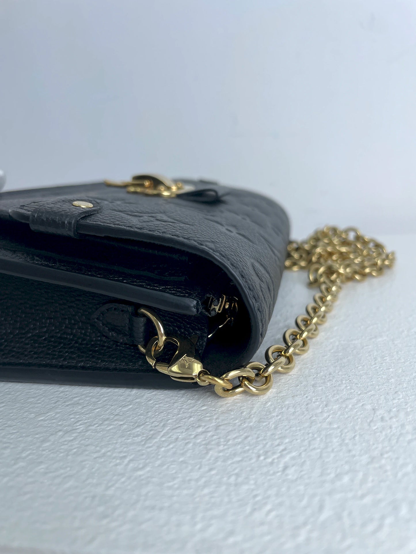 (A30) Louis Vuitton Black Monogram Empreinte Vavin Wallet on Chain Calfskin Gold Hardware Removable Strap
