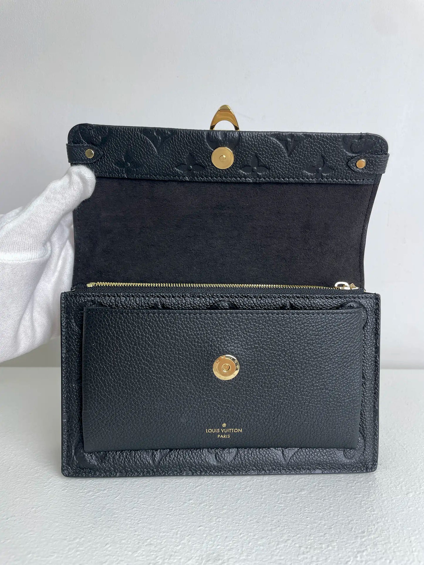 (A30) Louis Vuitton Black Monogram Empreinte Vavin Wallet on Chain Calfskin Gold Hardware Removable Strap